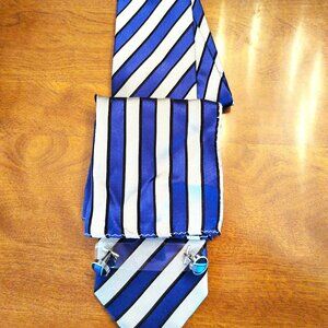 Men’s Blue & White Striped Tie Pocket Square & Cufflinks Set